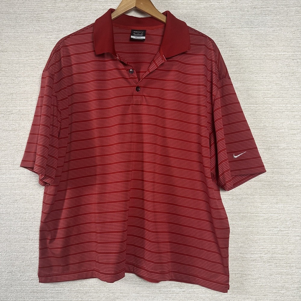 Nike Golf Dri Fit Polo Shirt Mens XXL Red Striped Short Sleeve Swoosh Athletic